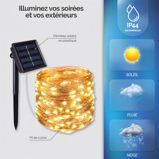 Guirlande solaire extérieur lumineuse jardin, terrasse - Ampoules LED 8 modes - 7 m - Blanc chaud - Linxor - Image 3