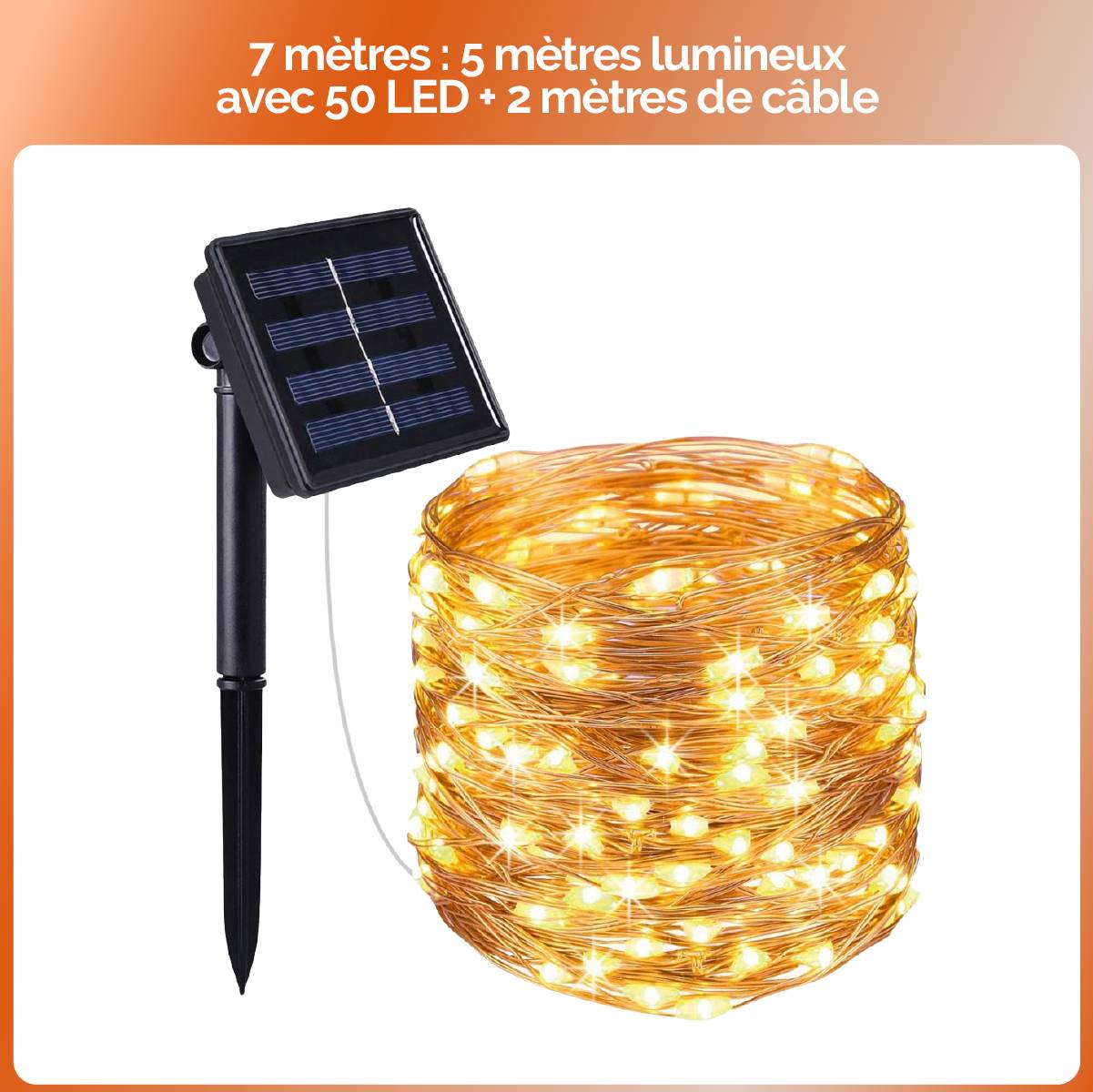 Guirlande solaire extérieur lumineuse jardin, terrasse - Ampoules LED 8 modes - 7 m - Blanc chaud - Linxor - Image 2