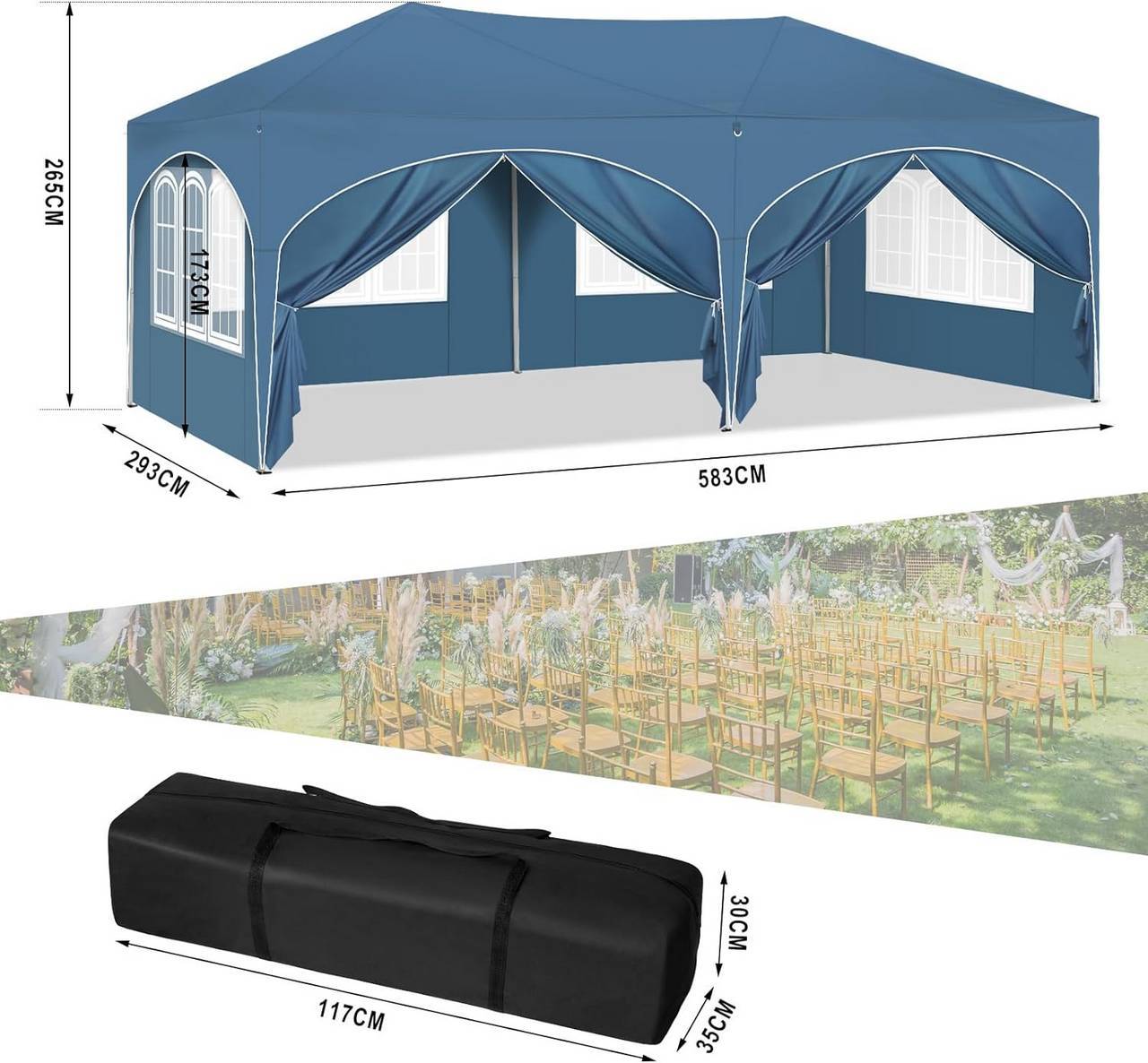 Tonnelle pliante de réception acier tissu Oxford pour jardin événement imperméable 3x6m bleu - ComfortXL Outdoor Living - Image 6