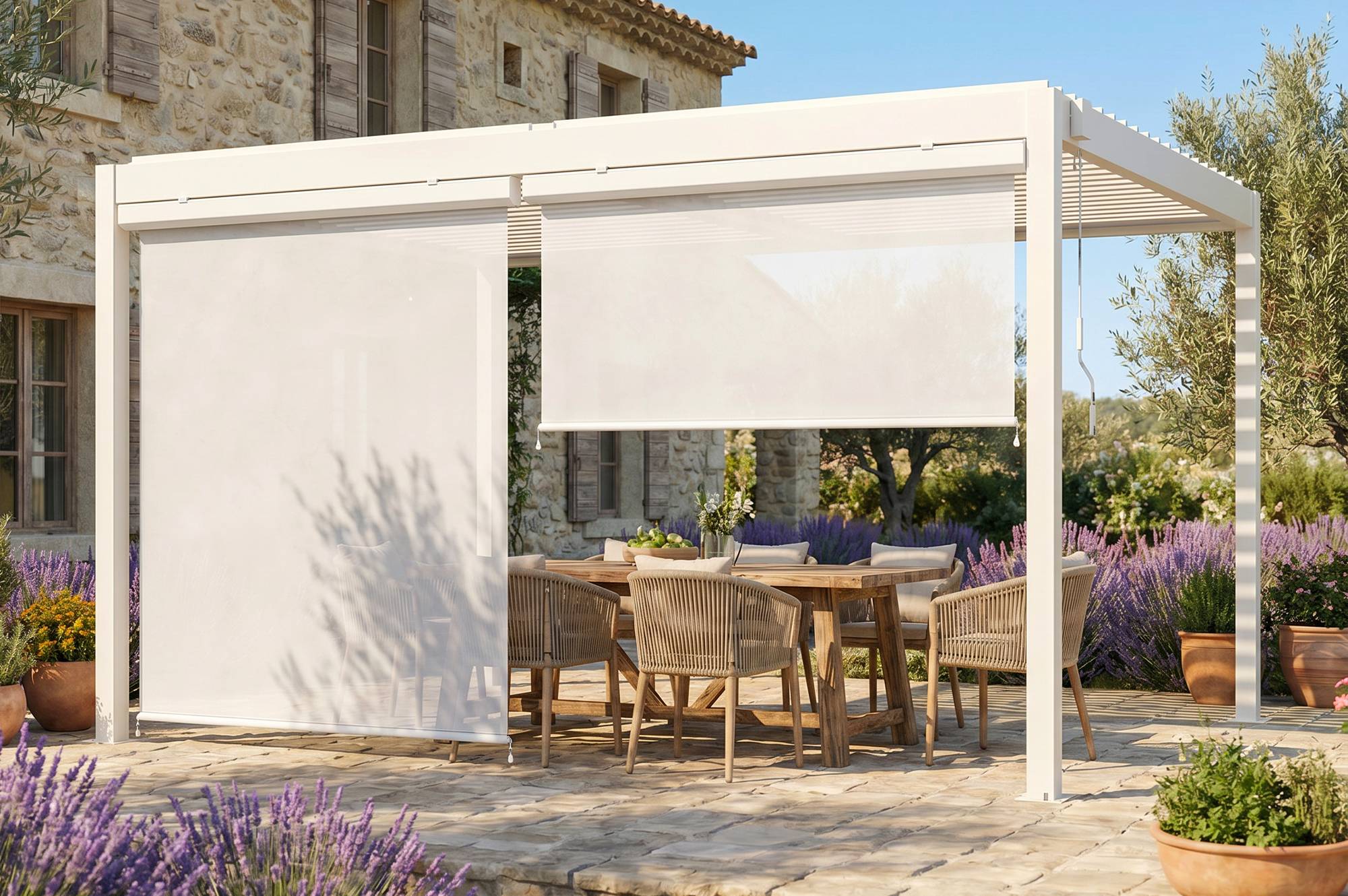 CAZEBOO - Pergola bioclimatique 4x3m autoportée PIANA aluminium blanc avec stores rétractables côté 4m - Image 1