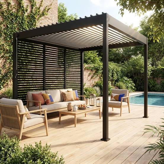 Pergola bioclimatique aluminium 3x3 m V2 lames orientables + 3 persiennes TRIOMPHE anthracite | sweeek - Image 1