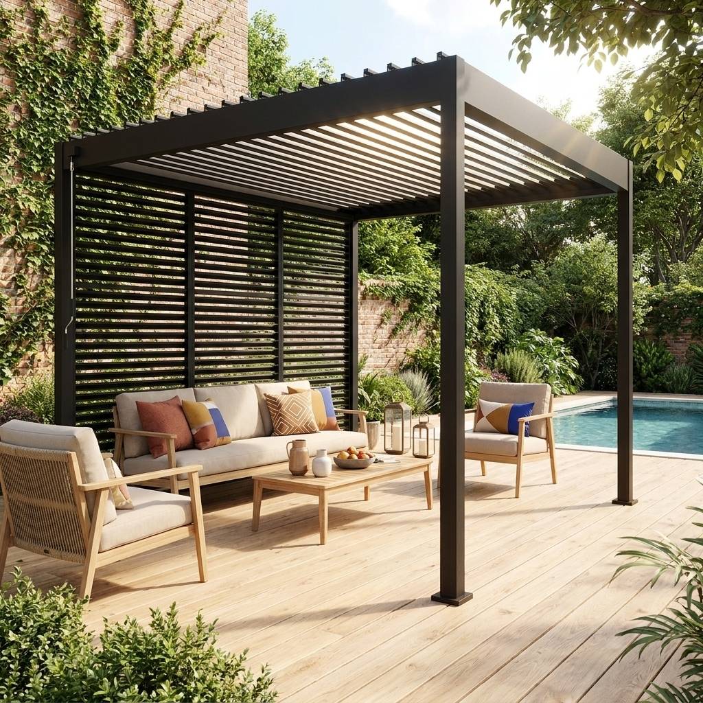 Pergola bioclimatique aluminium 3x3 m V2 lames orientables + 3 persiennes TRIOMPHE anthracite | sweeek - Image 1