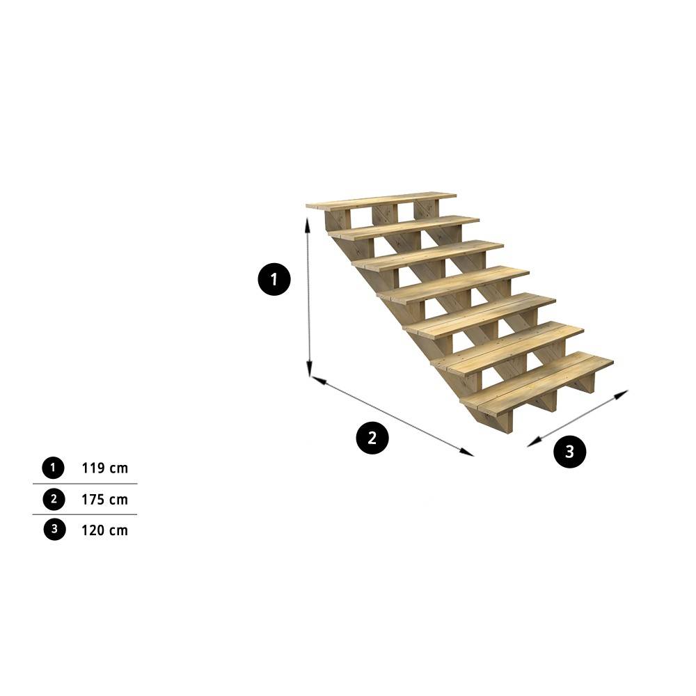 Decklinea - Escalier Bois Exterieur - 7 Marches - Largeur : 1m20 - Hauteur : 1m19 - Sans Contremarches - Pin du Nord - Imagen 2