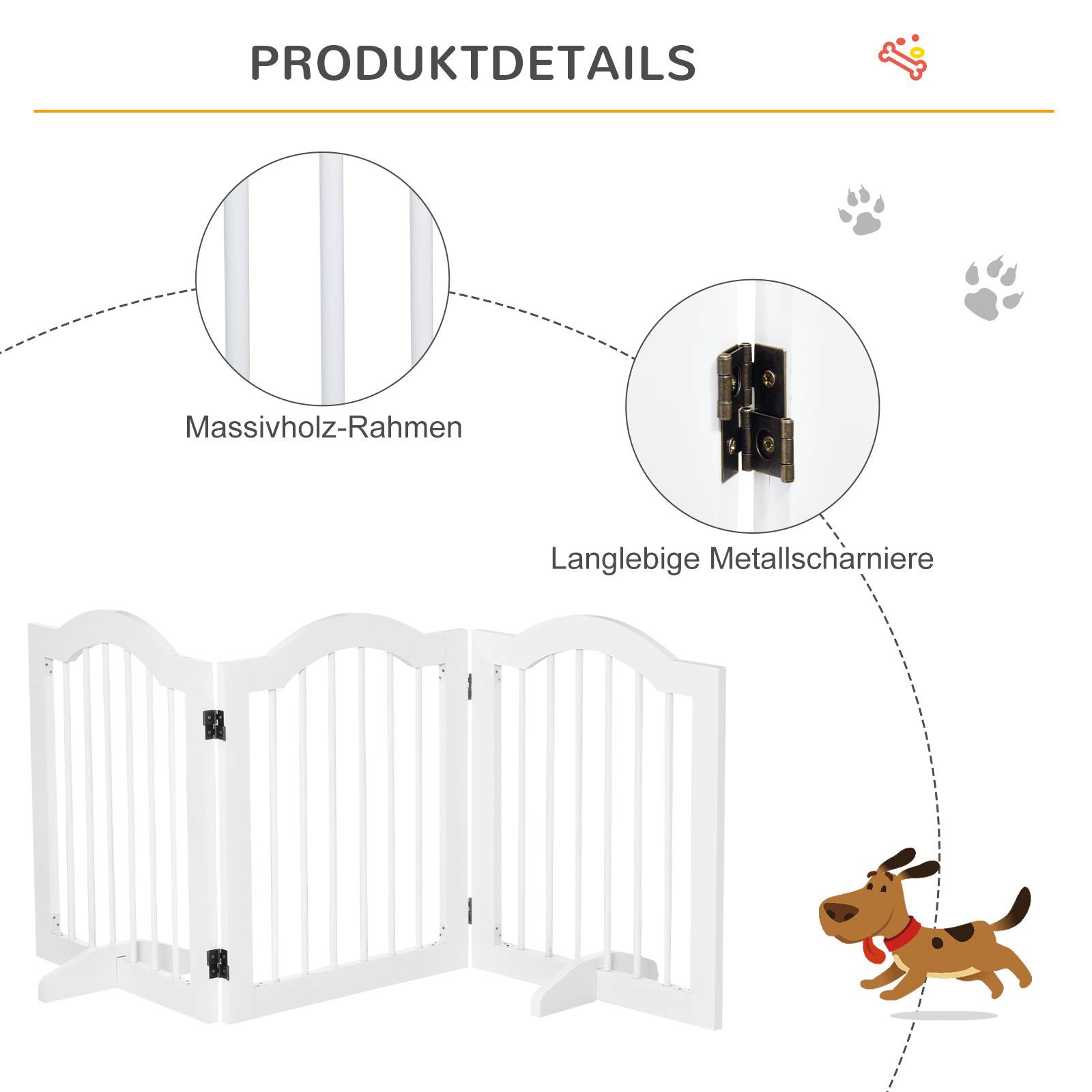Barrière pour chien 3 parties, 154,5 x 61 cm, pliable avec porte, 2 pieds, autoportante, cuisine, blanc - Image 8