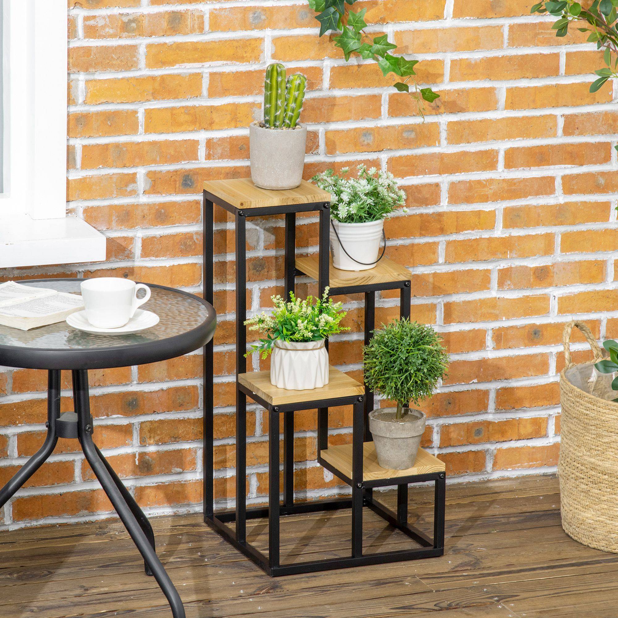 Sans Marque - Étagère à plantes étagère à fleurs en métal et bois 4 niveaux de différentes hauteurs style industriel 34 x 34 x 66 cm - Image 3