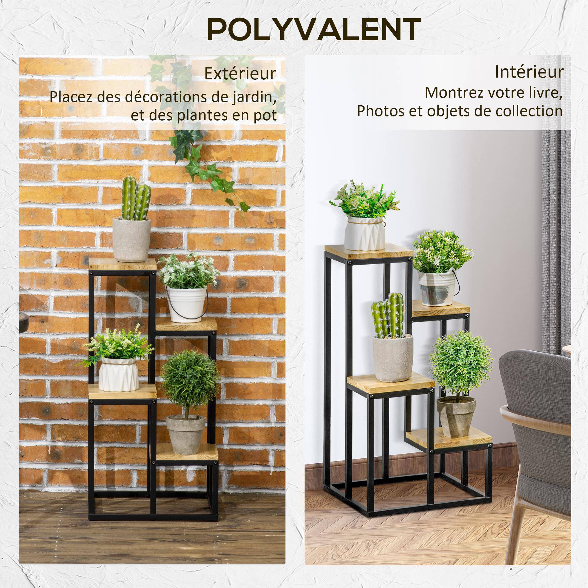 Sans Marque - Étagère à plantes étagère à fleurs en métal et bois 4 niveaux de différentes hauteurs style industriel 34 x 34 x 66 cm - Image 8