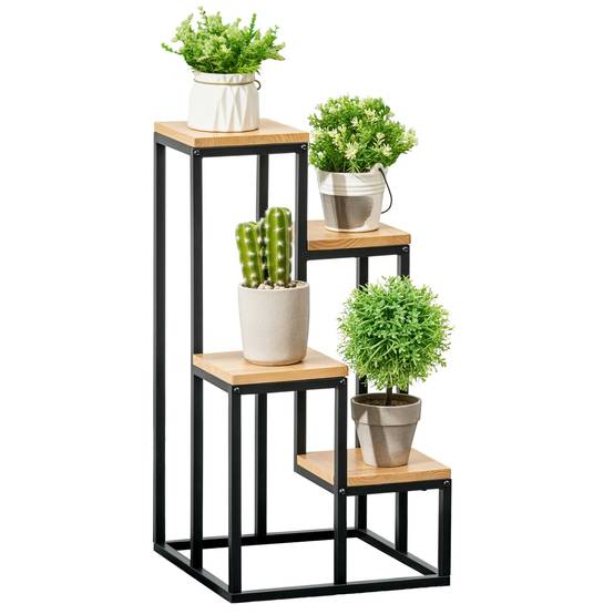 Sans Marque - Étagère à plantes étagère à fleurs en métal et bois 4 niveaux de différentes hauteurs style industriel 34 x 34 x 66 cm - Image 1
