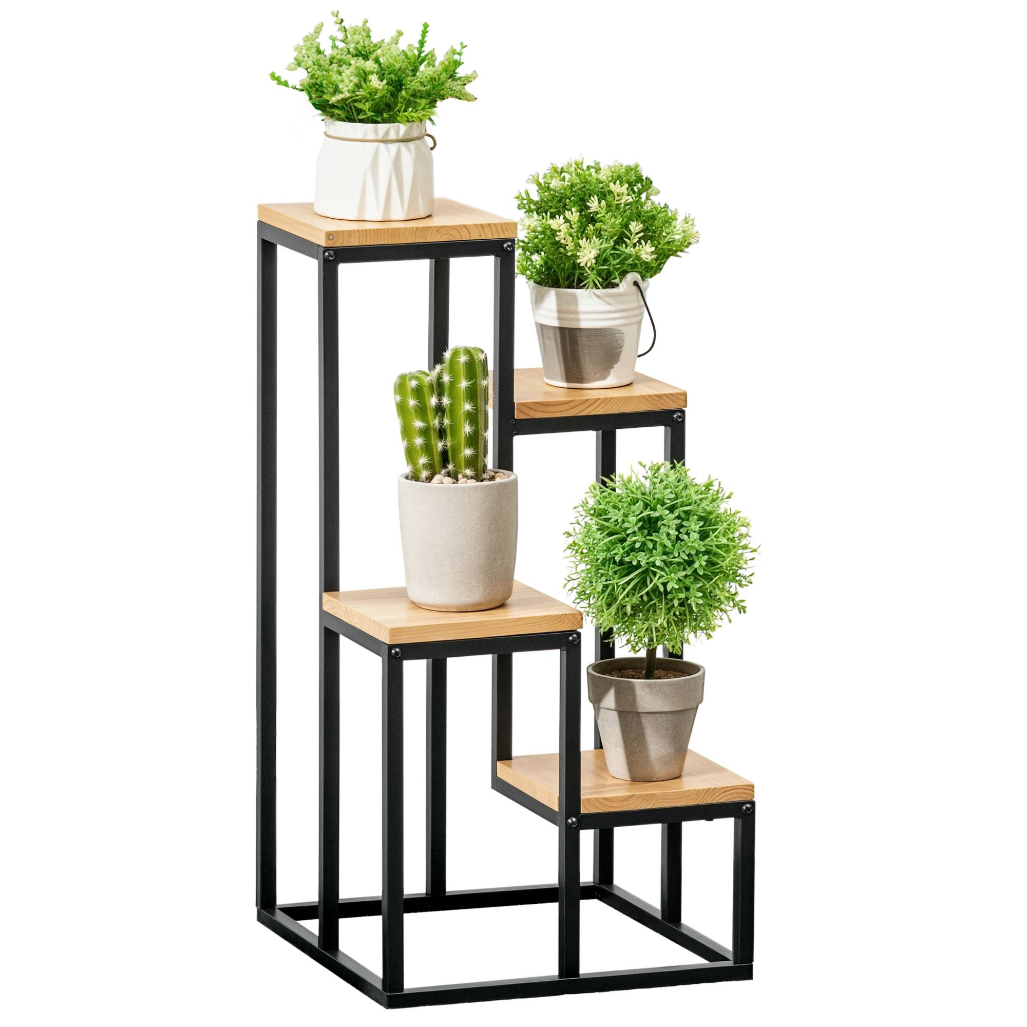 Sans Marque - Étagère à plantes étagère à fleurs en métal et bois 4 niveaux de différentes hauteurs style industriel 34 x 34 x 66 cm - Image 1