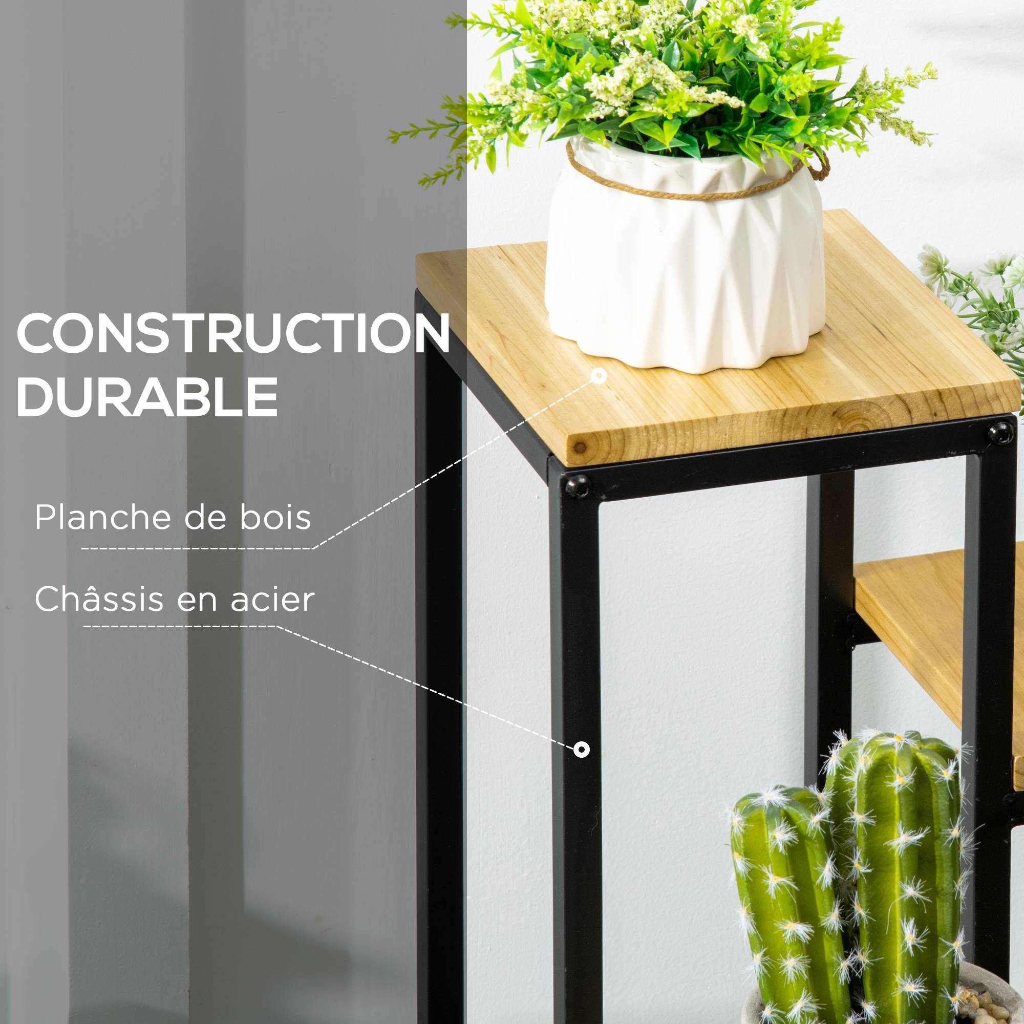 Sans Marque - Étagère à plantes étagère à fleurs en métal et bois 4 niveaux de différentes hauteurs style industriel 34 x 34 x 66 cm - Image 7