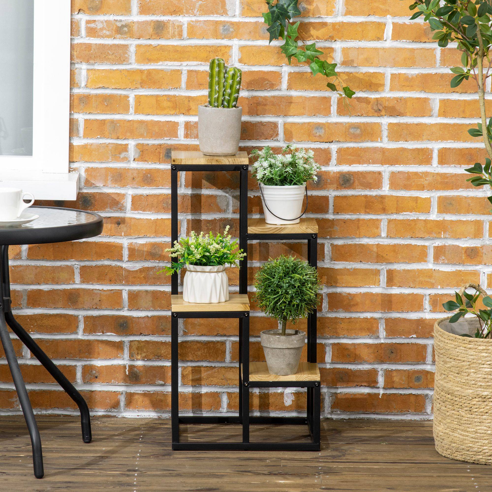 Sans Marque - Étagère à plantes étagère à fleurs en métal et bois 4 niveaux de différentes hauteurs style industriel 34 x 34 x 66 cm - Image 9