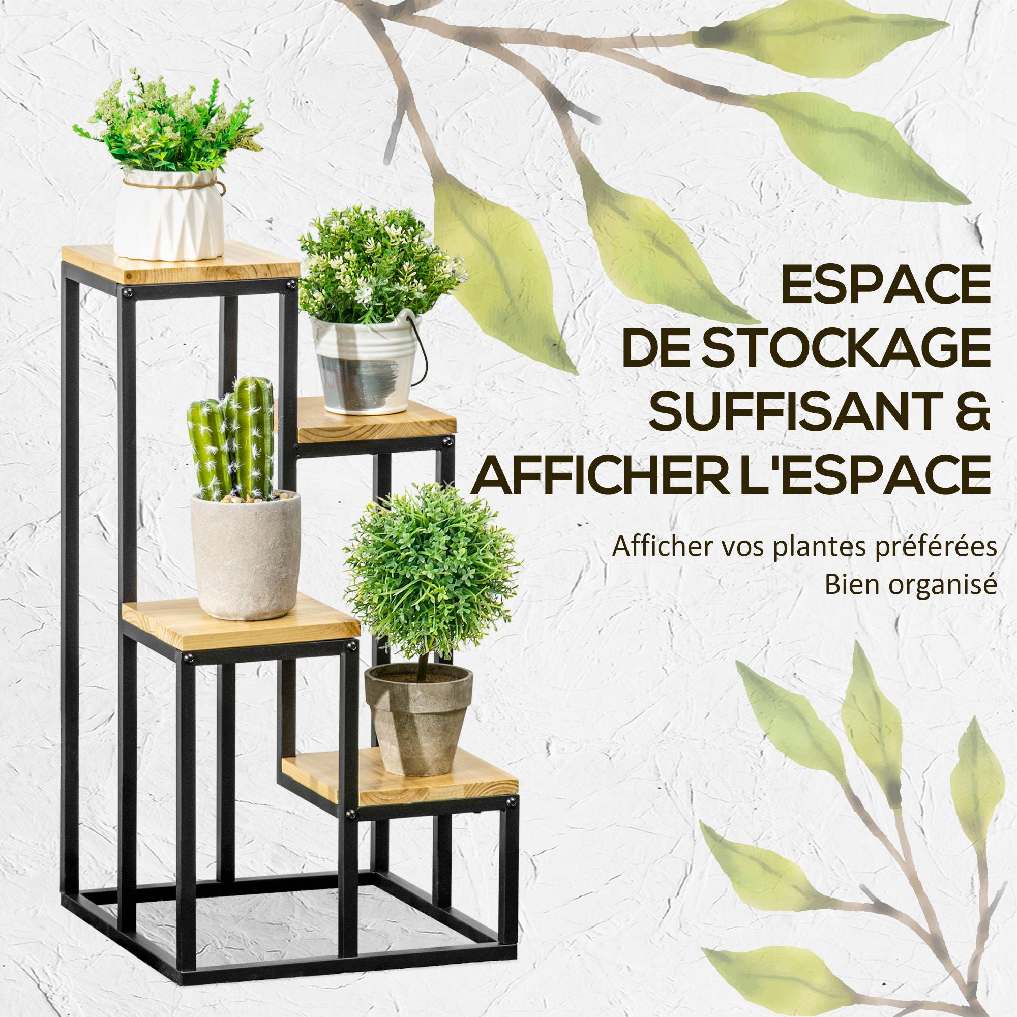 Sans Marque - Étagère à plantes étagère à fleurs en métal et bois 4 niveaux de différentes hauteurs style industriel 34 x 34 x 66 cm - Image 6