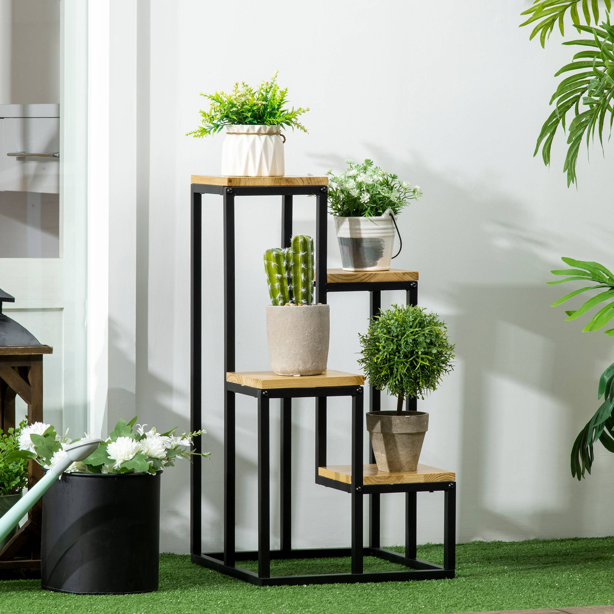 Sans Marque - Étagère à plantes étagère à fleurs en métal et bois 4 niveaux de différentes hauteurs style industriel 34 x 34 x 66 cm - Image 4