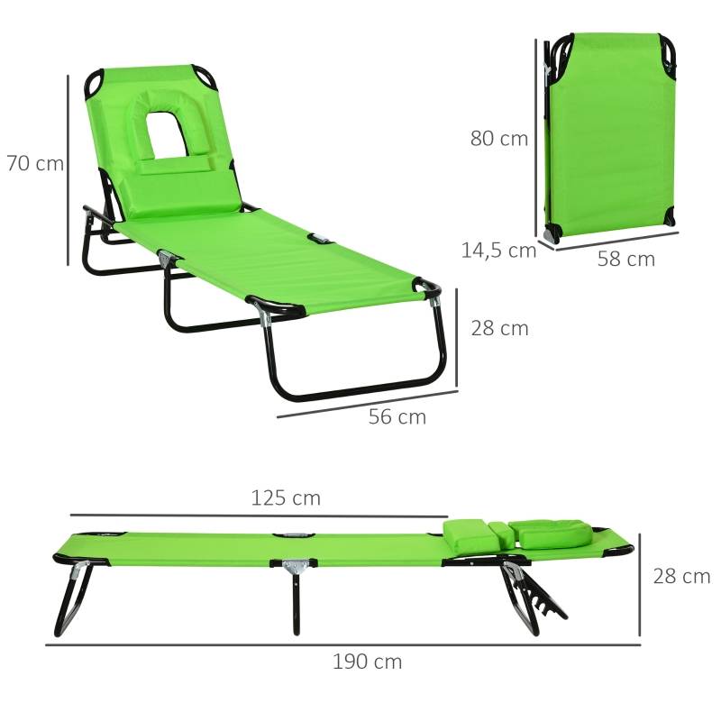 Bain de soleil pliable avec trou visage acier jardin dossier réglable vert 190x56cm - ComfortXL Outdoor Living - Image 2