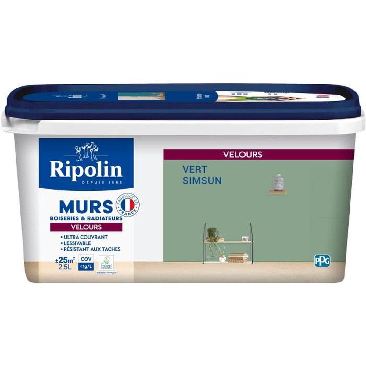 Ripolin - Peinture acrylique intérieure velours Vert Simsun, lessivable, haute opacité, 2,5 L - RIPOLIN - Image 1