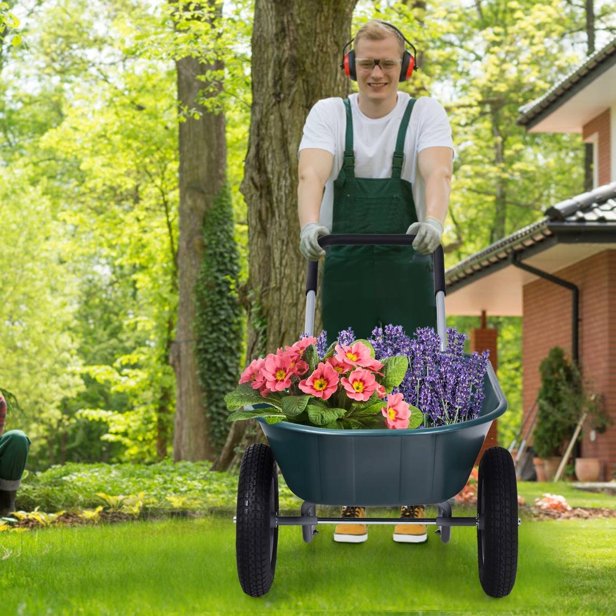 Brouette de Jardin 2 Roues Brouette de Jardin Résistante en Fer avec Pneus Ø35cm Charge Max 100KG pour Jardinage/Maçonnerie Vert - Image 3