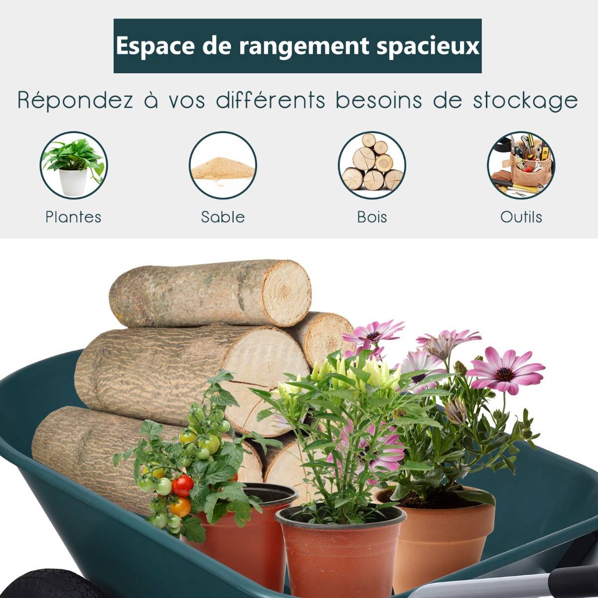Brouette de Jardin 2 Roues Brouette de Jardin Résistante en Fer avec Pneus Ø35cm Charge Max 100KG pour Jardinage/Maçonnerie Vert - Image 4