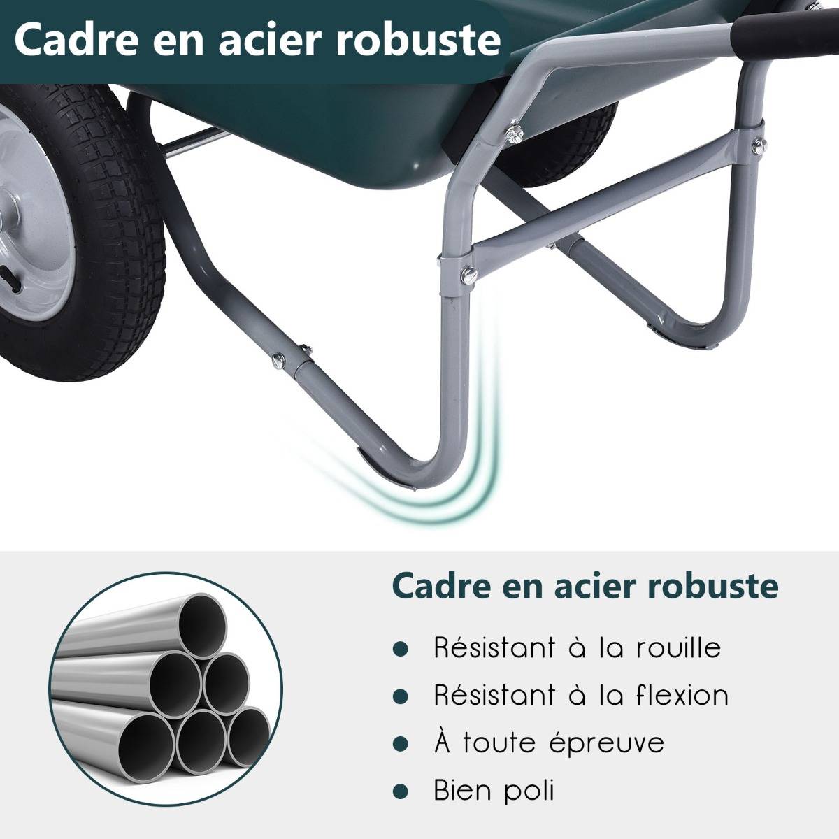 Brouette de Jardin 2 Roues Brouette de Jardin Résistante en Fer avec Pneus Ø35cm Charge Max 100KG pour Jardinage/Maçonnerie Vert - Image 5