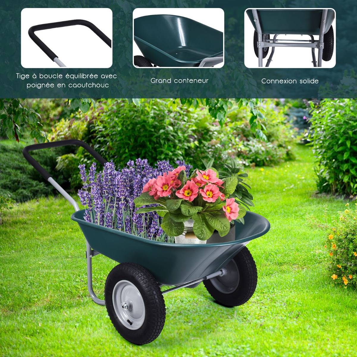 Brouette de Jardin 2 Roues Brouette de Jardin Résistante en Fer avec Pneus Ø35cm Charge Max 100KG pour Jardinage/Maçonnerie Vert - Image 8