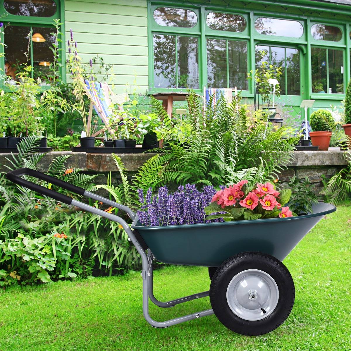 Brouette de Jardin 2 Roues Brouette de Jardin Résistante en Fer avec Pneus Ø35cm Charge Max 100KG pour Jardinage/Maçonnerie Vert - Image 2