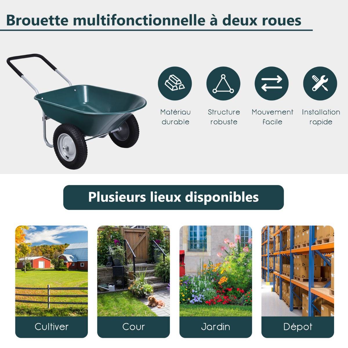 Brouette de Jardin 2 Roues Brouette de Jardin Résistante en Fer avec Pneus Ø35cm Charge Max 100KG pour Jardinage/Maçonnerie Vert - Image 7