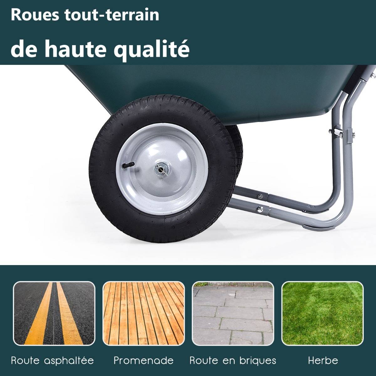 Brouette de Jardin 2 Roues Brouette de Jardin Résistante en Fer avec Pneus Ø35cm Charge Max 100KG pour Jardinage/Maçonnerie Vert - Image 6