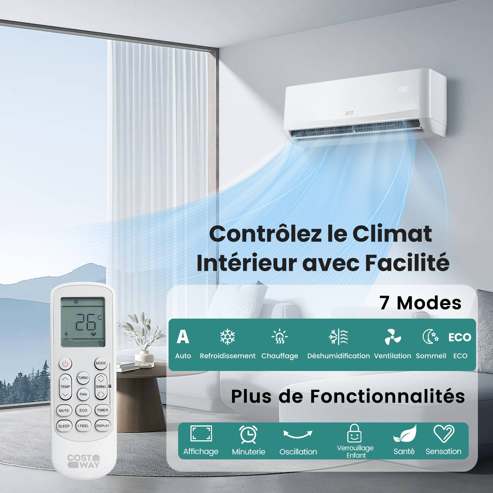 Climatiseur réversible Mono-split 12000BTU-3,4 kW-R32-A++/Minuterie 24H - Image 2