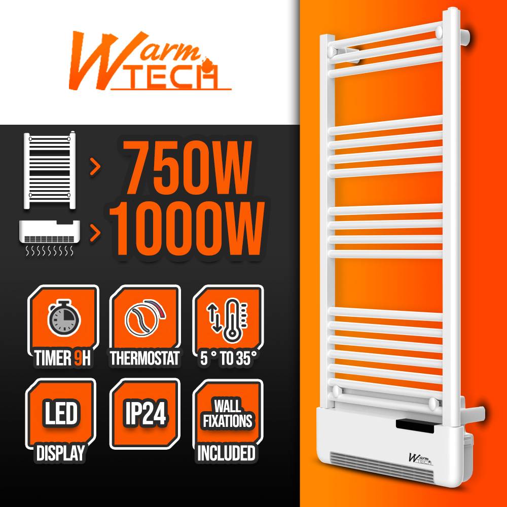 Radiateur sèche serviettes avec fluide 750W + soufflerie 1000W - Warm ...