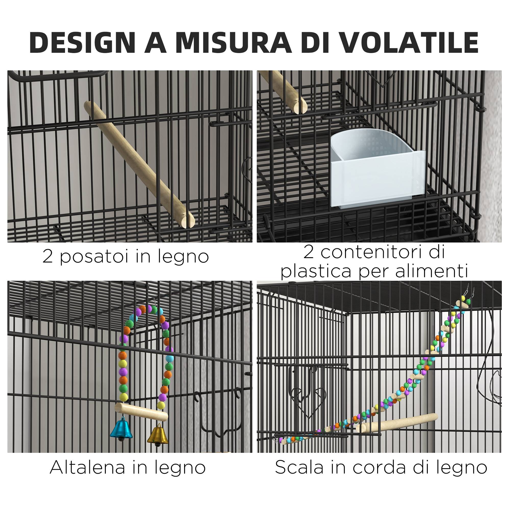Cage pour oiseaux en acier et PP, design empilable avec perchoirs, balançoires et échelles, 77x46x164 cm, noir - Image 8