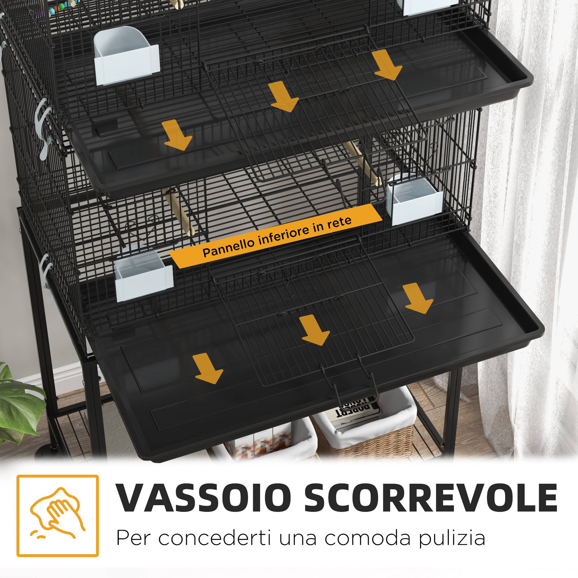 Cage pour oiseaux en acier et PP, design empilable avec perchoirs, balançoires et échelles, 77x46x164 cm, noir - Image 6