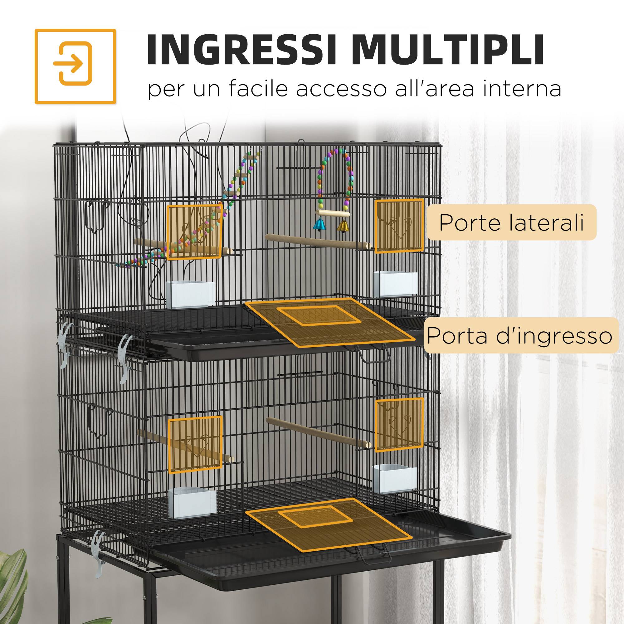 Cage pour oiseaux en acier et PP, design empilable avec perchoirs, balançoires et échelles, 77x46x164 cm, noir - Image 7