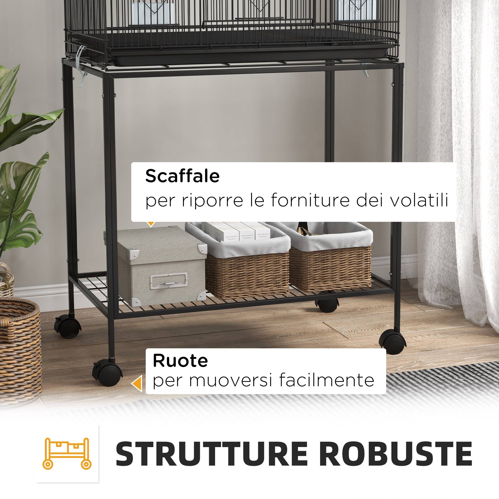 Cage pour oiseaux en acier et PP, design empilable avec perchoirs, balançoires et échelles, 77x46x164 cm, noir - Image 10