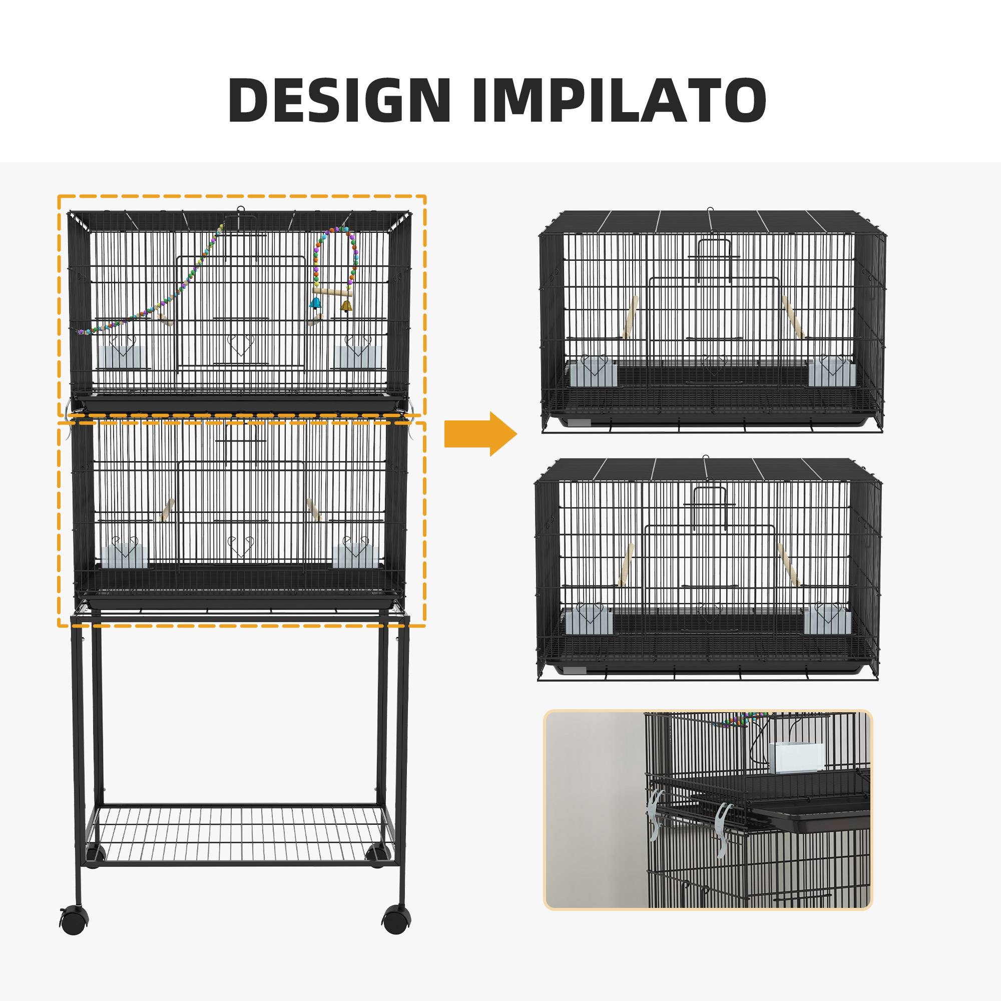 Cage pour oiseaux en acier et PP, design empilable avec perchoirs, balançoires et échelles, 77x46x164 cm, noir - Image 9