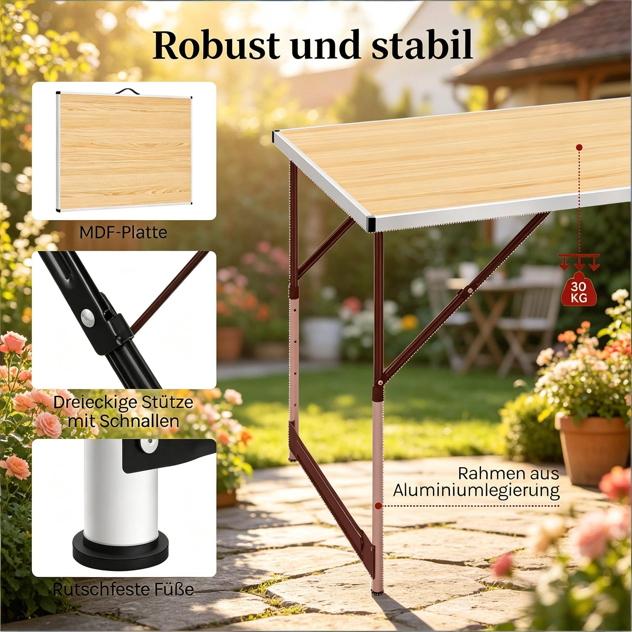 Table de camping pliante Aluminium Jardin Hauteur réglable 100x60cm Chêne clair - ComfortXL Outdoor Living - Image 6