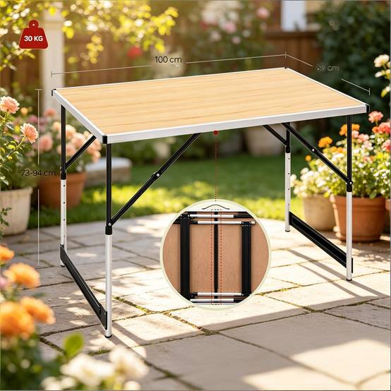 Table de camping pliante Aluminium Jardin Hauteur réglable 100x60cm Chêne clair - ComfortXL Outdoor Living - Image 3