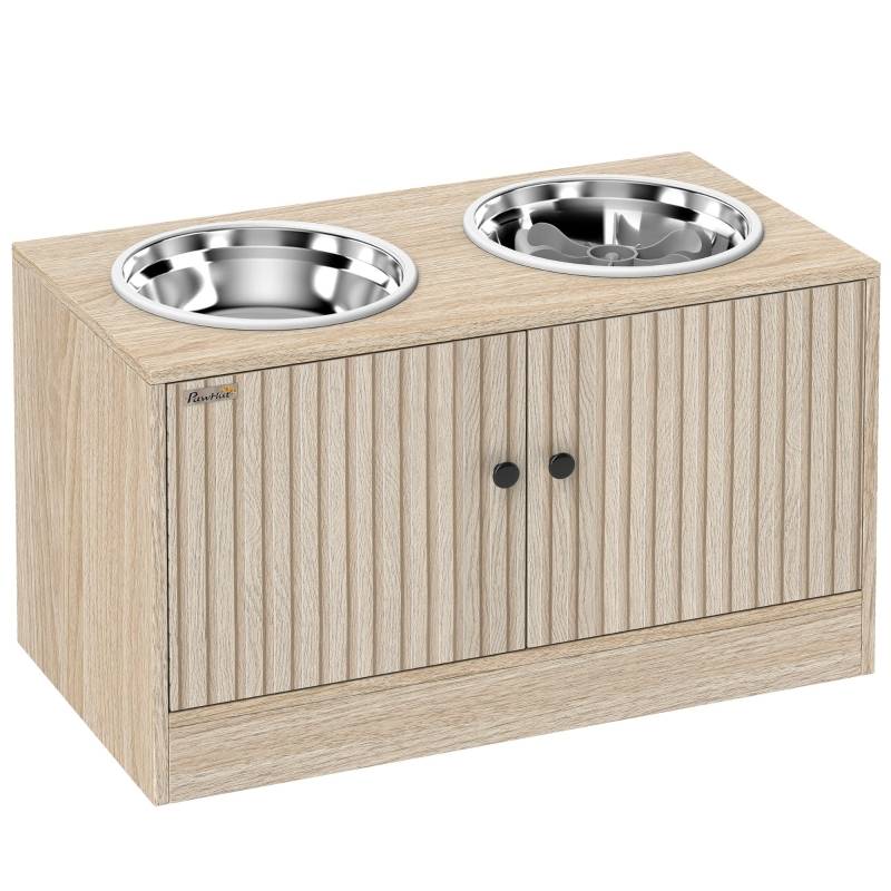 Station de Nourriture pour Chien en Bois avec 2 Bols en Acier Inoxydable, Armoire de Rangement, 60 x 30 x 35.5 cm - PANGIVO - Image 1