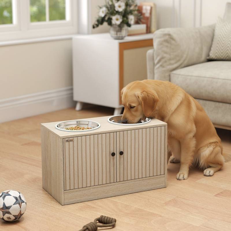 Station de Nourriture pour Chien en Bois avec 2 Bols en Acier Inoxydable, Armoire de Rangement, 60 x 30 x 35.5 cm - PANGIVO - Image 2