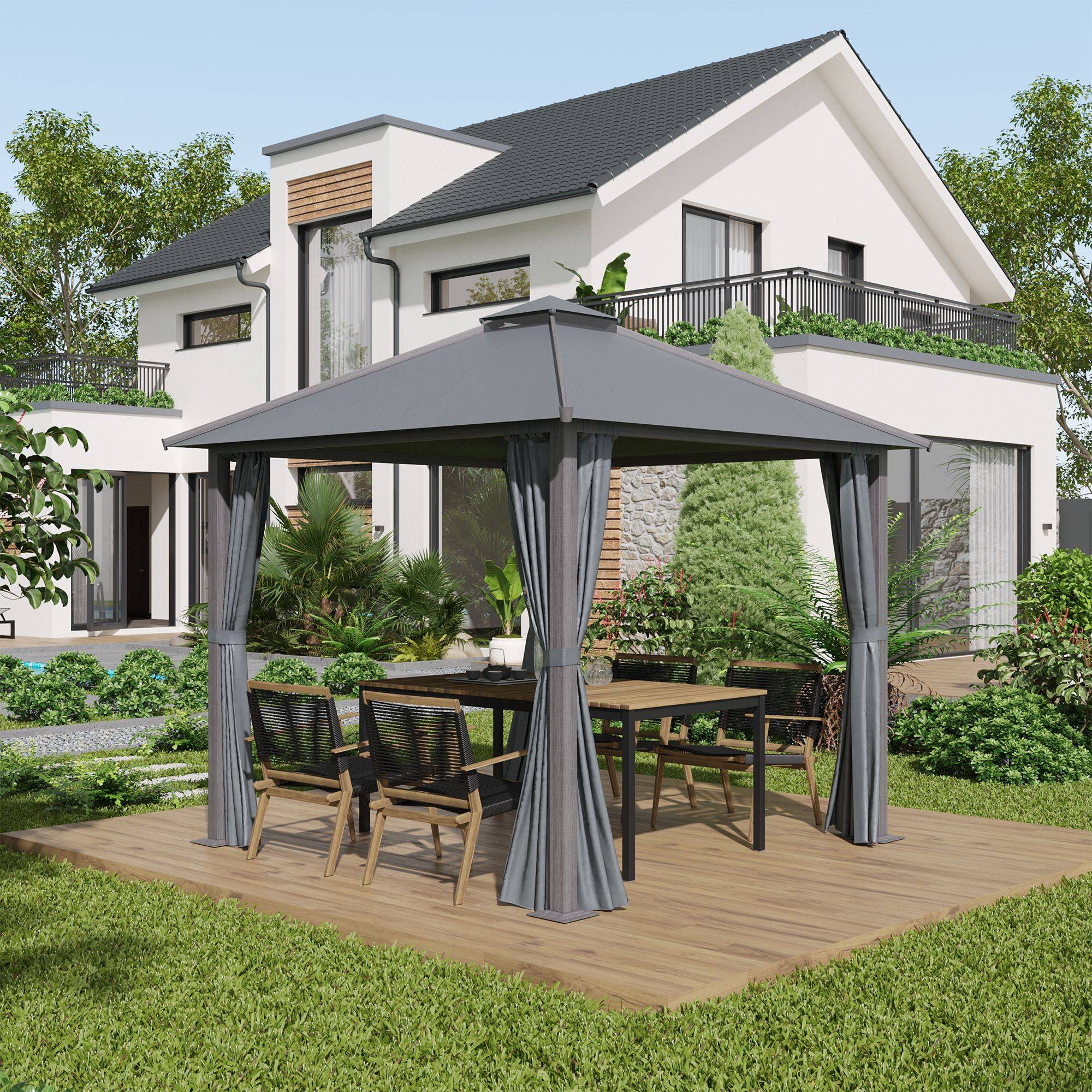 Outsunny - Tonnelle pavillon jardin 3x3m avec 4 parois et double toit anti-UV aluminium gris - Outsunny - Image 2