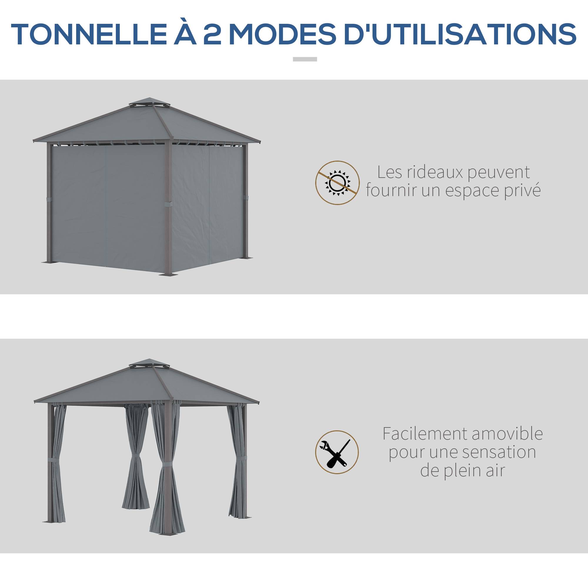 Outsunny - Tonnelle pavillon jardin 3x3m avec 4 parois et double toit anti-UV aluminium gris - Outsunny - Image 5