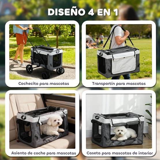 Poussette pliable pour petits chiens, avec wagon détachable, 4 portes zippées, grise - Image 7