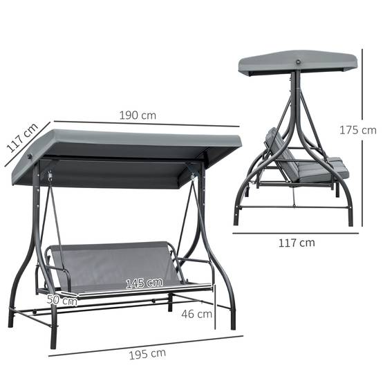 Balancelle de jardin convertible 3 places avec toit réglable et rembourrage épais, siège extérieur confortable et résistant - Image 5