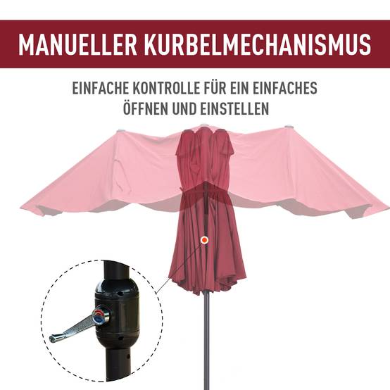 Parasol double extérieur acier jardin terrasse manivelle 455x265cm rouge bordeaux - ComfortXL Outdoor Living - Image 6