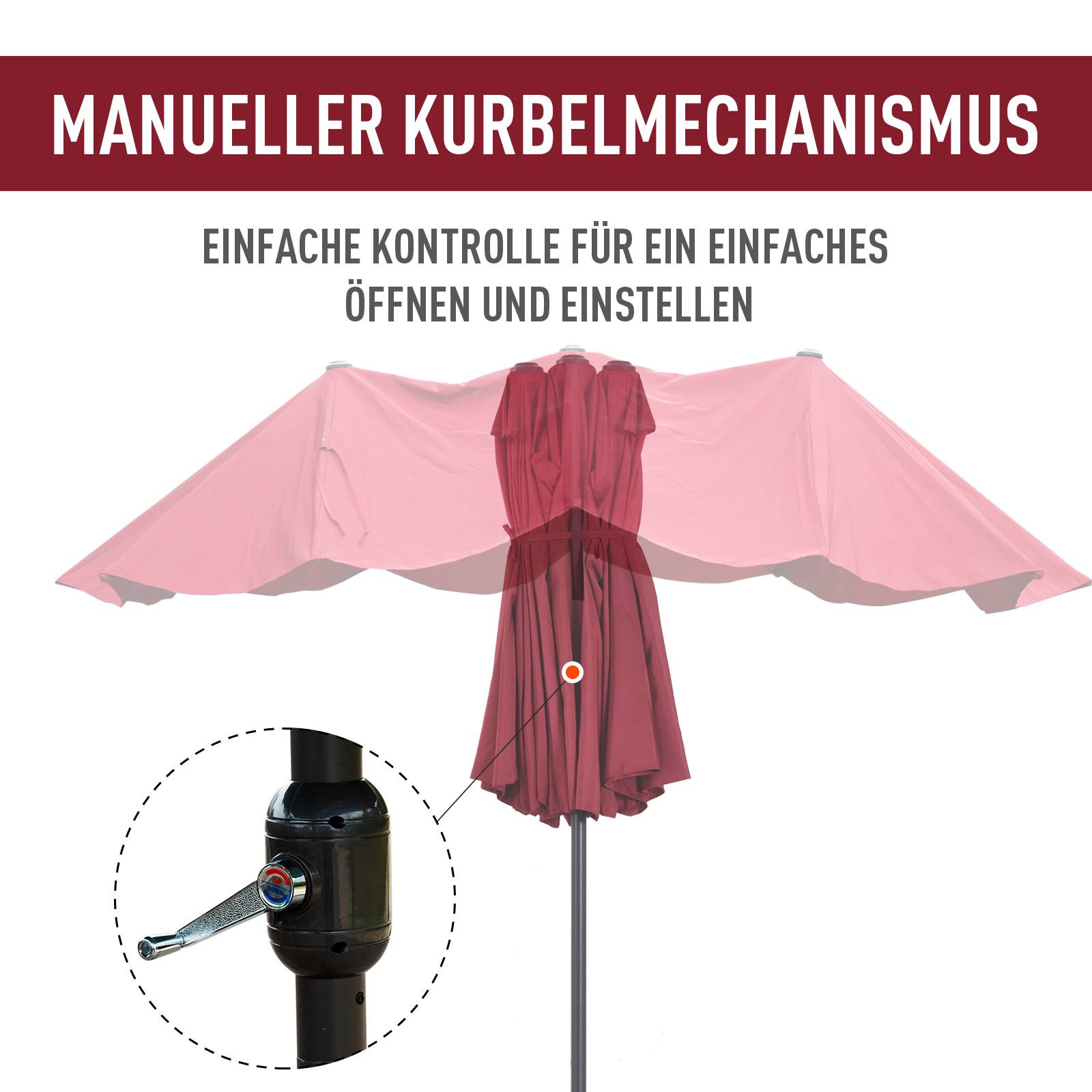 Parasol double extérieur acier jardin terrasse manivelle 455x265cm rouge bordeaux - ComfortXL Outdoor Living - Image 6