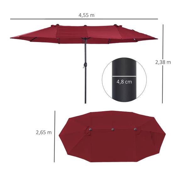 Parasol double extérieur acier jardin terrasse manivelle 455x265cm rouge bordeaux - ComfortXL Outdoor Living - Image 3