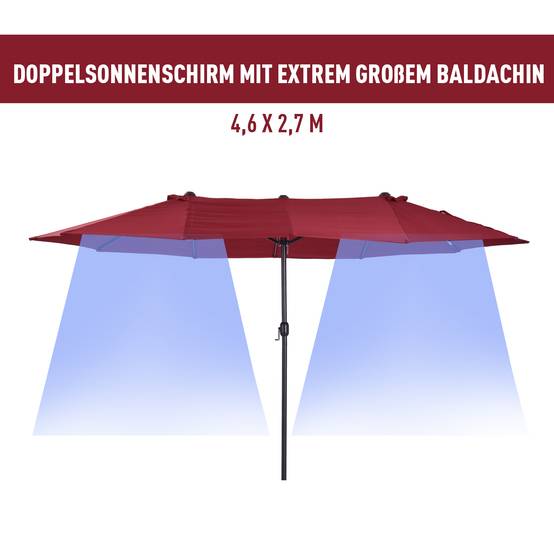 Parasol double extérieur acier jardin terrasse manivelle 455x265cm rouge bordeaux - ComfortXL Outdoor Living - Image 4