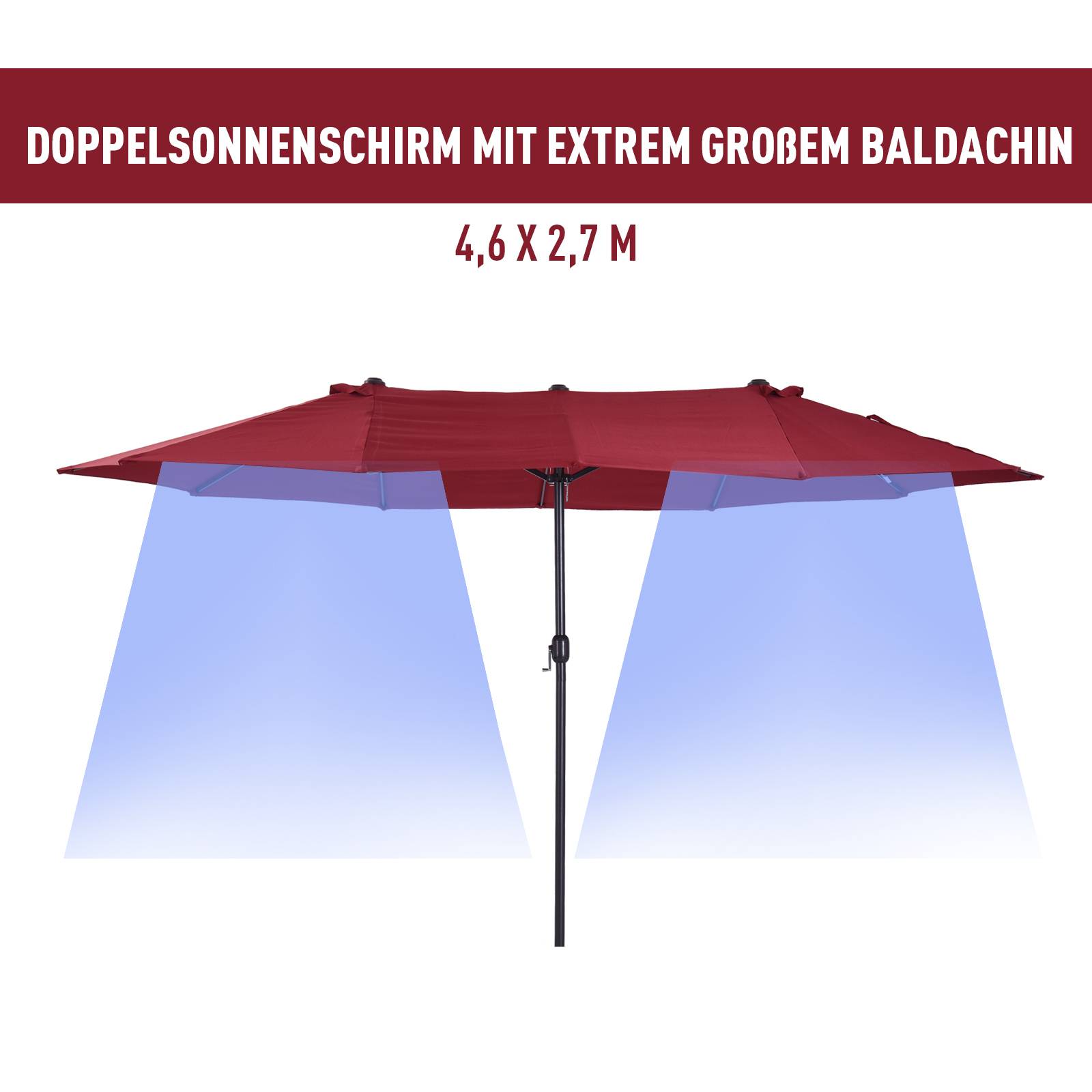 Parasol double extérieur acier jardin terrasse manivelle 455x265cm rouge bordeaux - ComfortXL Outdoor Living - Image 4