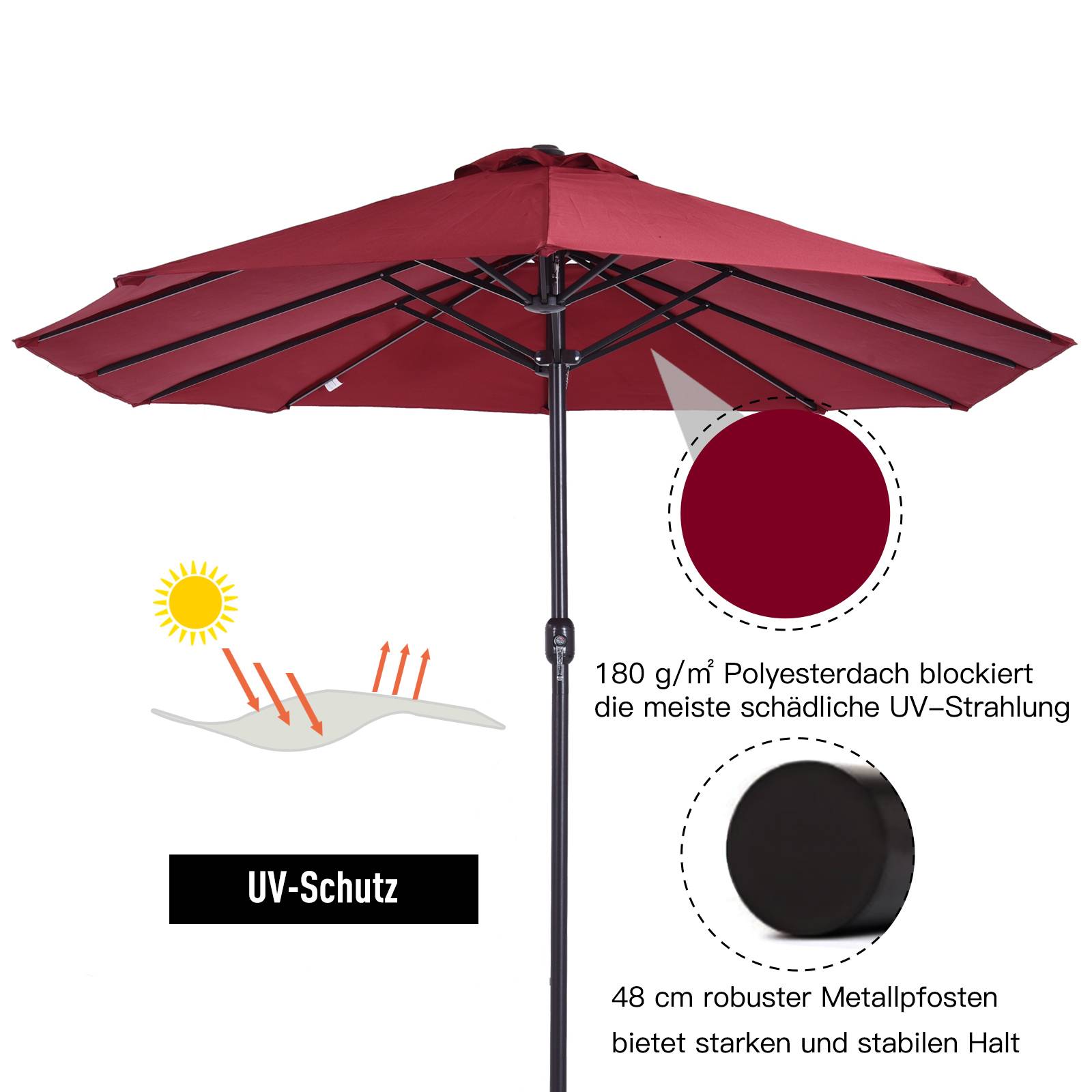 Parasol double extérieur acier jardin terrasse manivelle 455x265cm rouge bordeaux - ComfortXL Outdoor Living - Image 5