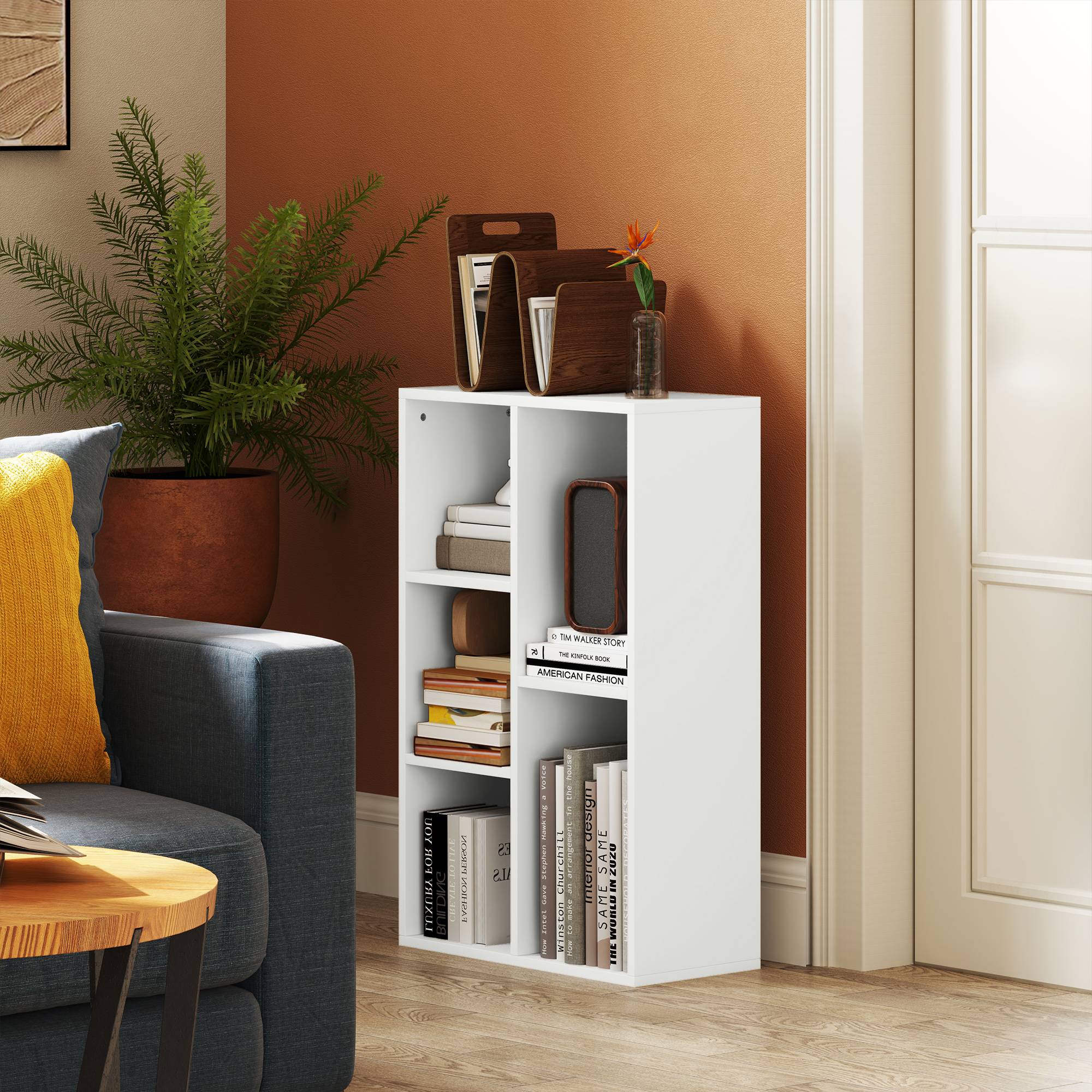 Étagère à 2 niveaux, 5 compartiments, panneaux de particules, étagère de rangement, blanche - Image 3