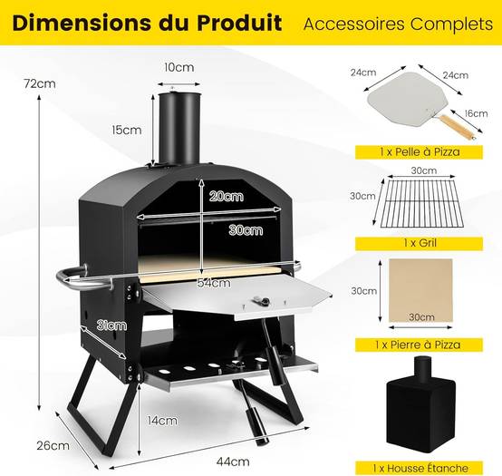 Four à Pizza Extérieur à 2 Couches Étagère du Milieu Amovible Four à Pizza Portable en Acier avec Pierre à Pizza,Grille, Pelle - Image 5