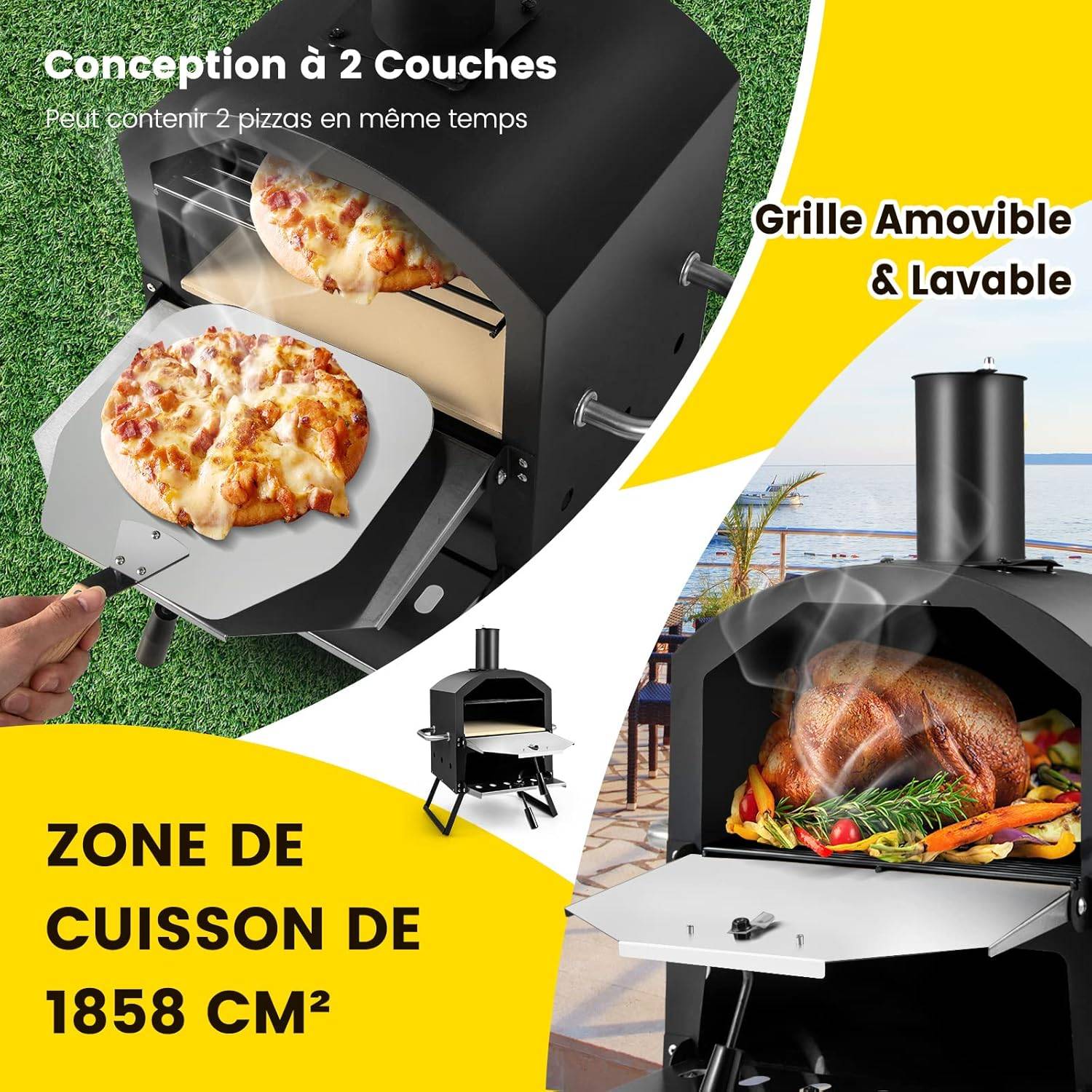 Four à Pizza Extérieur à 2 Couches Étagère du Milieu Amovible Four à Pizza Portable en Acier avec Pierre à Pizza,Grille, Pelle - Image 3