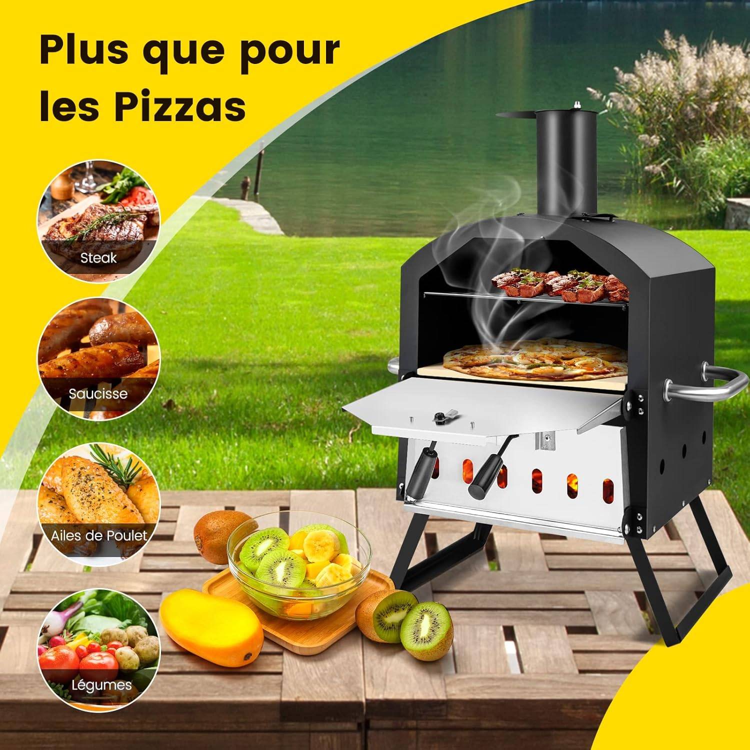 Four à Pizza Extérieur à 2 Couches Étagère du Milieu Amovible Four à Pizza Portable en Acier avec Pierre à Pizza,Grille, Pelle - Image 6